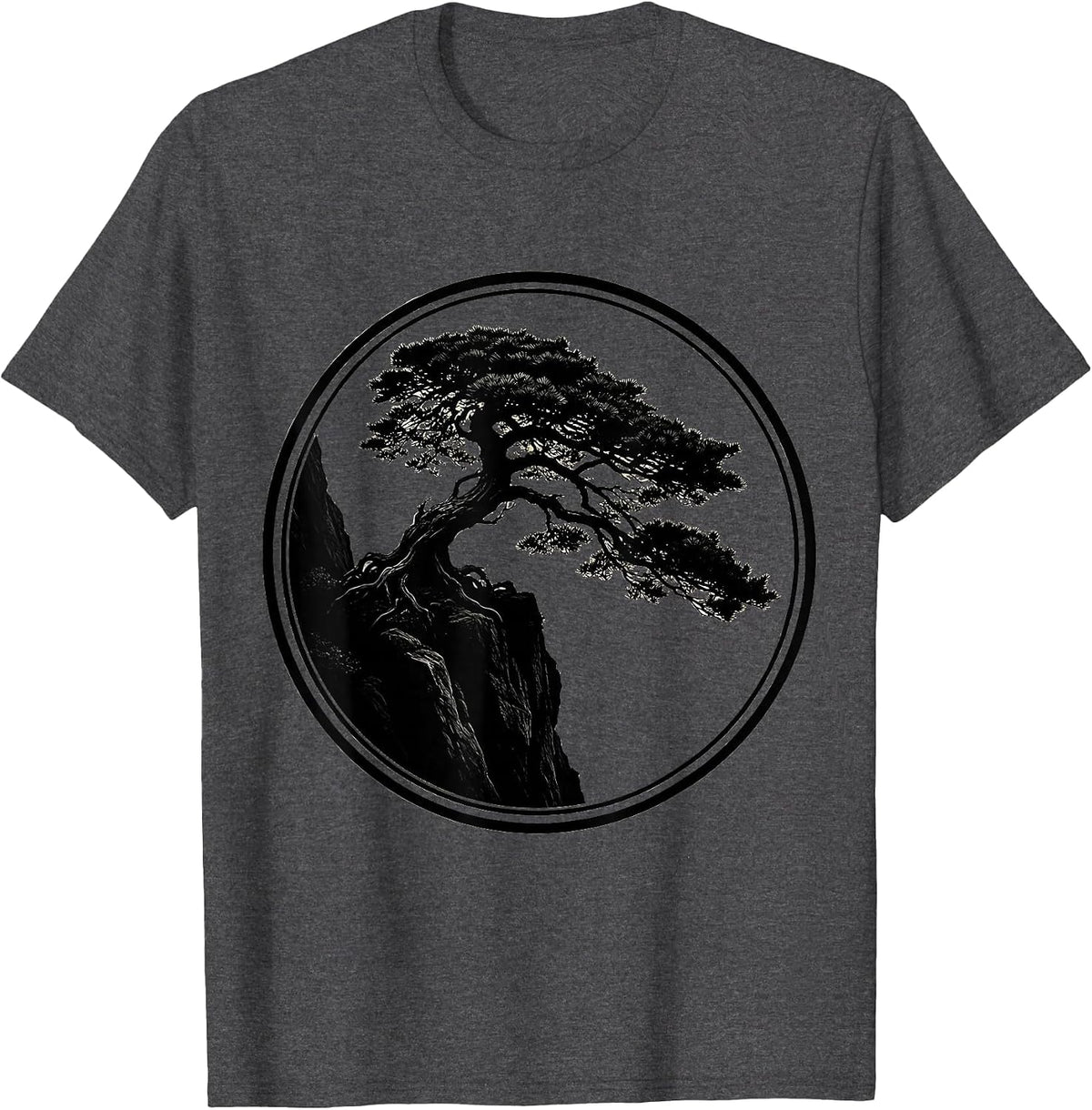 Bonsai Tree Rocky Cliff Japanese Nature Art T-Shirt - Dark Heather Grey