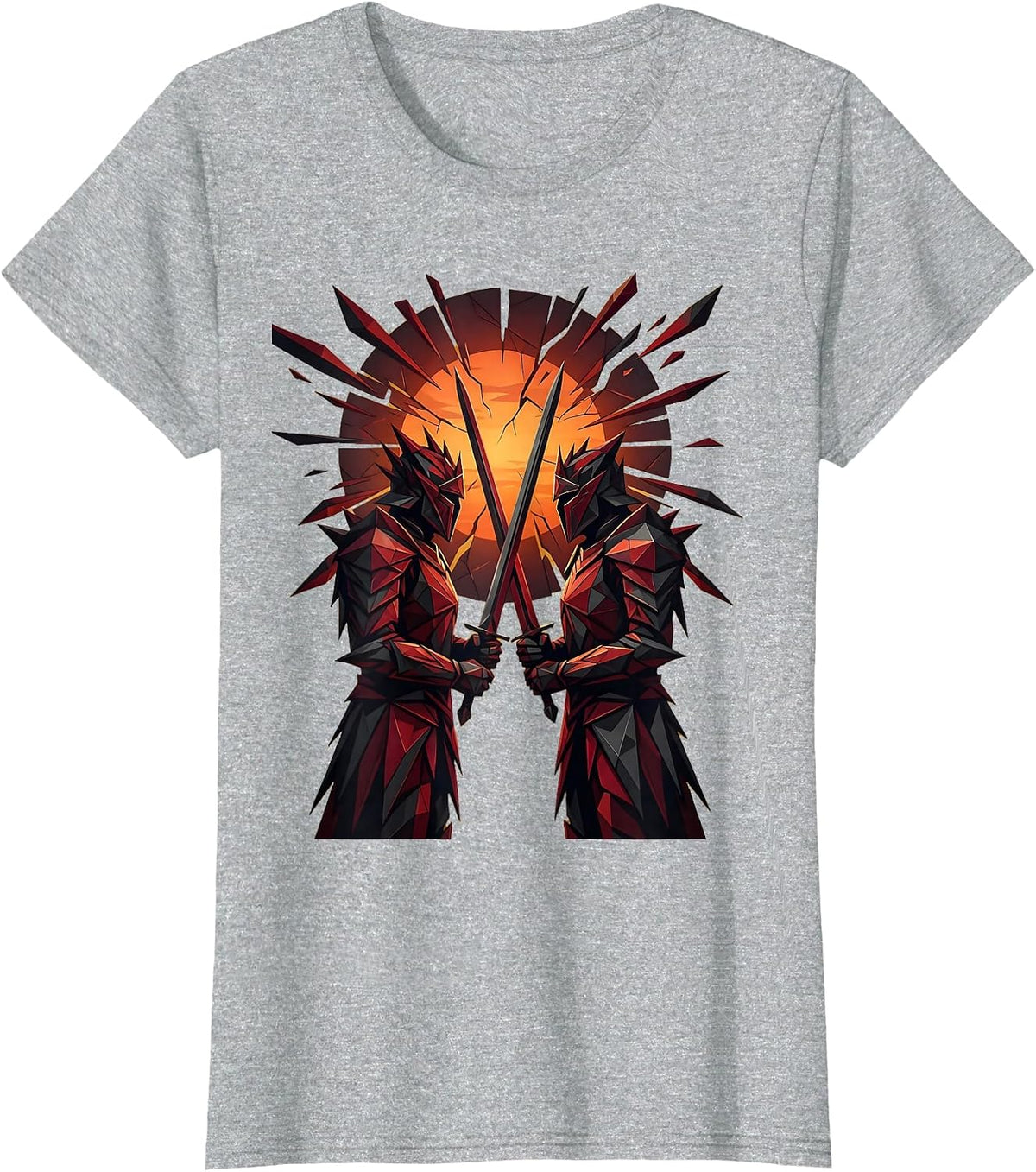 Samurai Crossing Blades at Dusk Graphic T-Shirt - Heather Grey