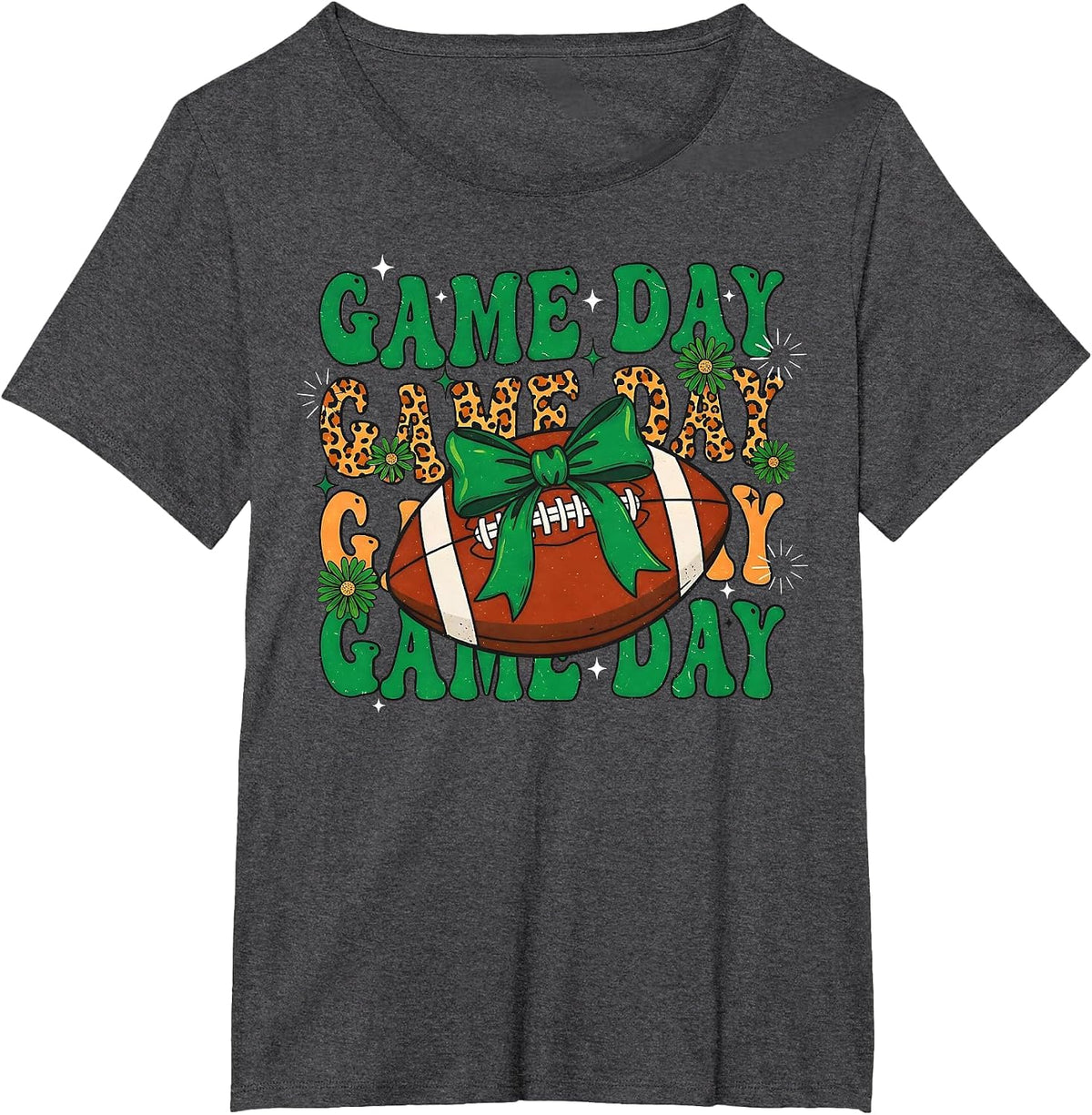 Green Leopard Game Day Football Bow Touchdown Season T-Shirt - Dark Heather Grey
