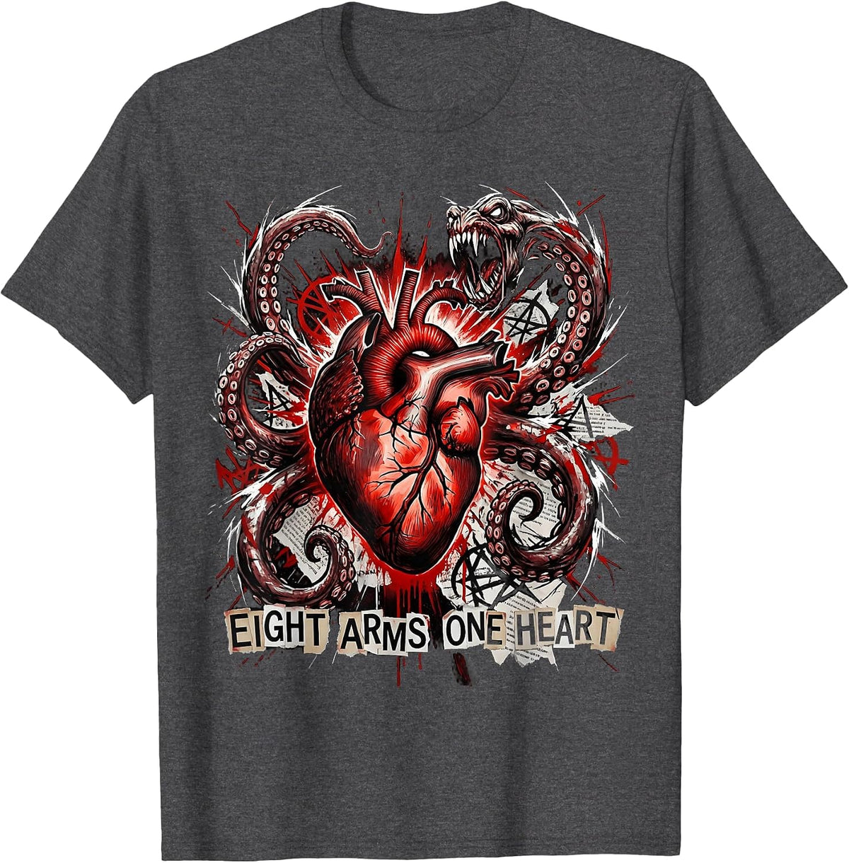 Eight Arms One Heart Octopus Lover Design T-Shirt - Dark Heather Grey