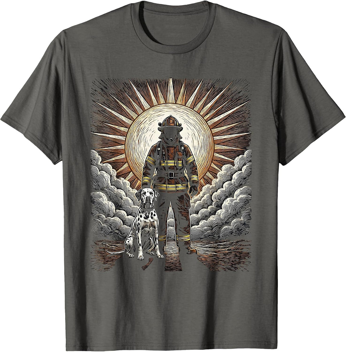 Dalmatian Firefighter Silhouette Sunset Design T-Shirt - Asphalt Grey