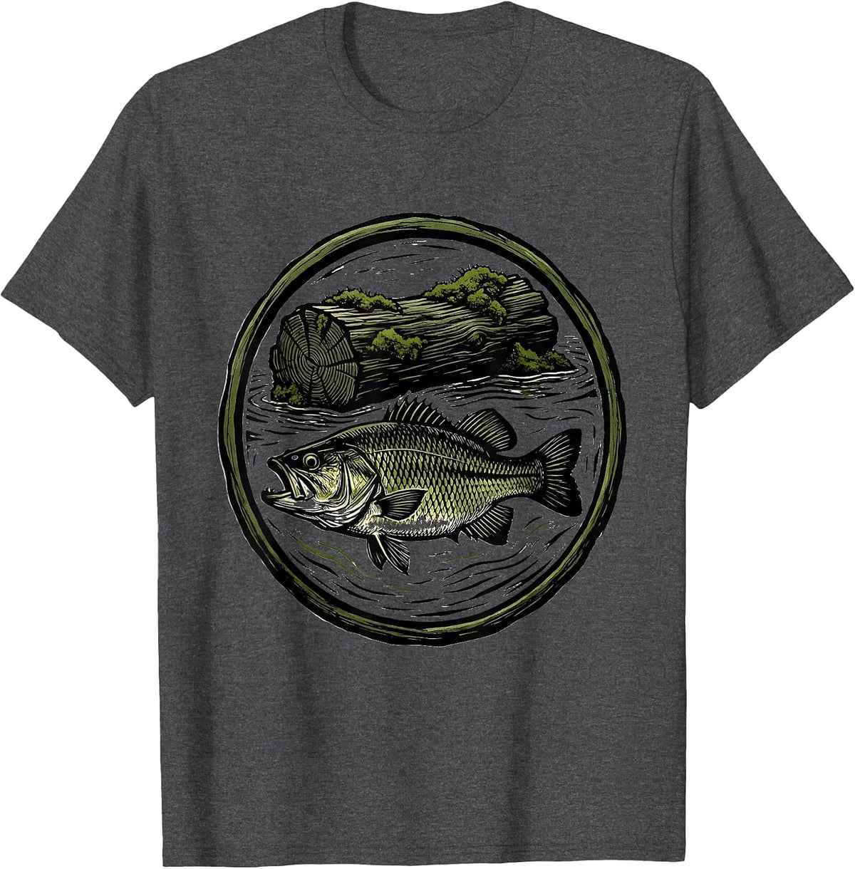 Bass Under Mossy Log Fishing Graphic Tee T-Shirt - Dark Heather Grey