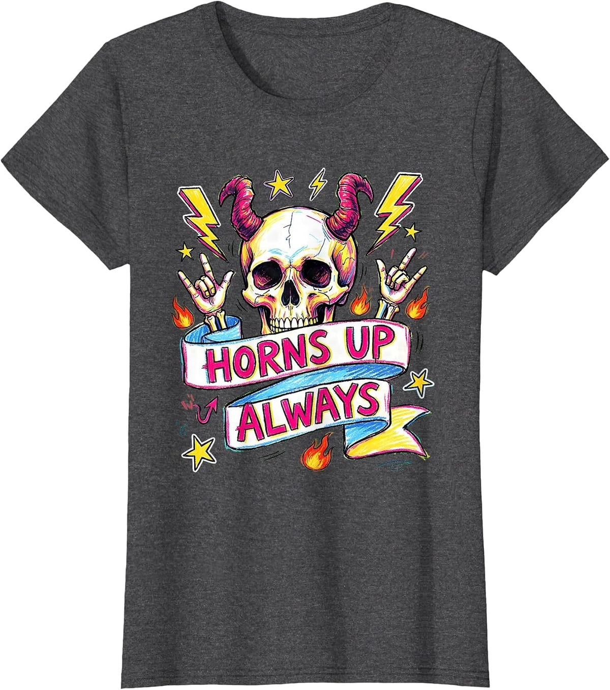 Women's Horns Up Always Heavy Metal Graphic Design T-Shirt - Dark Heather Grey