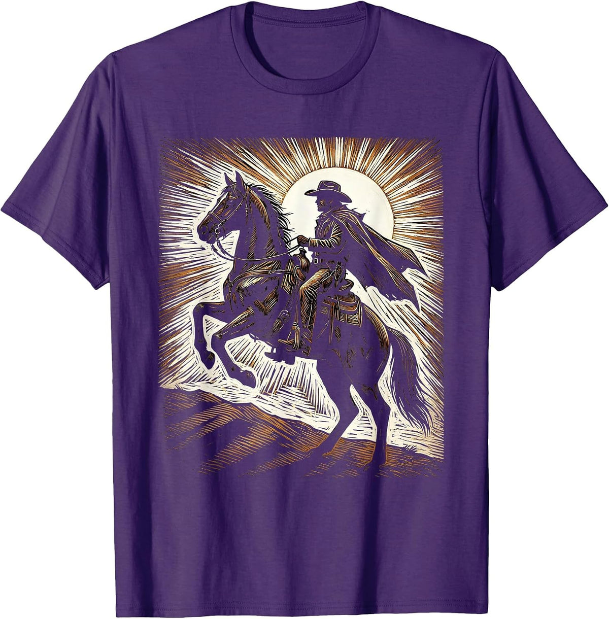 Cowboy Silhouette Sunset Horseback Riding Design T-Shirt - Purple