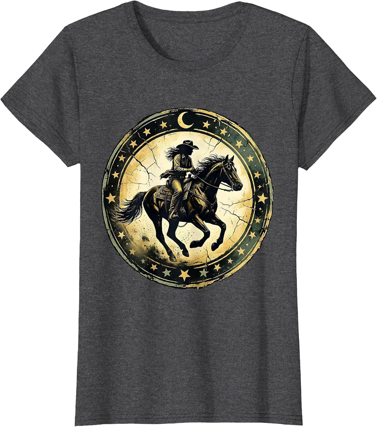 Women's Cowgirl Riding Horse Under Starry Night Sky T-Shirt - Dark Heather Grey