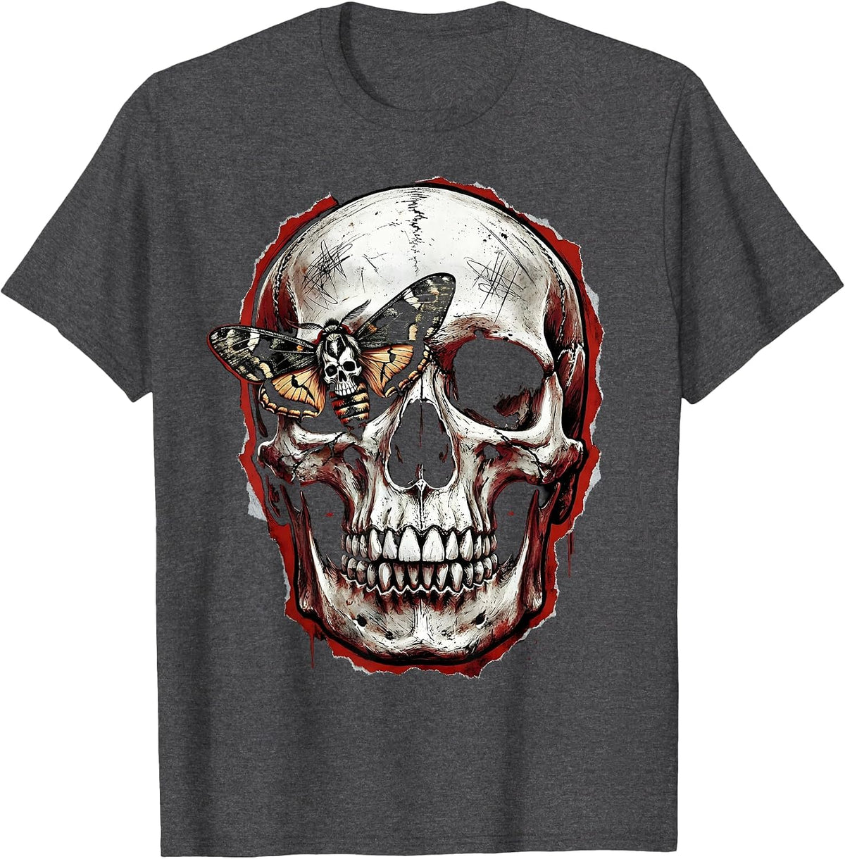 Eyeless Skull Moth Eye Socket Dark Art Design T-Shirt - Dark Heather Grey