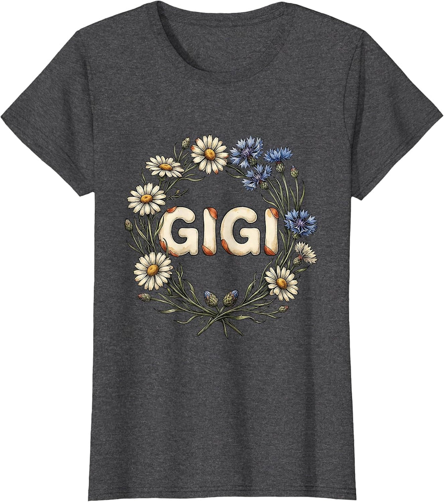 Women's Gigi Vintage Floral Positivity Wildflower Mom Gift T-Shirt - Dark Heather Grey