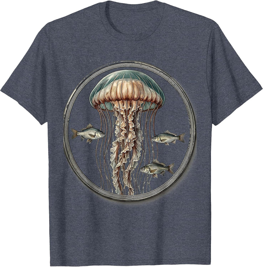 Glowing Jellyfish and Tiny Fish Ocean Design T-Shirt - Heather Blue