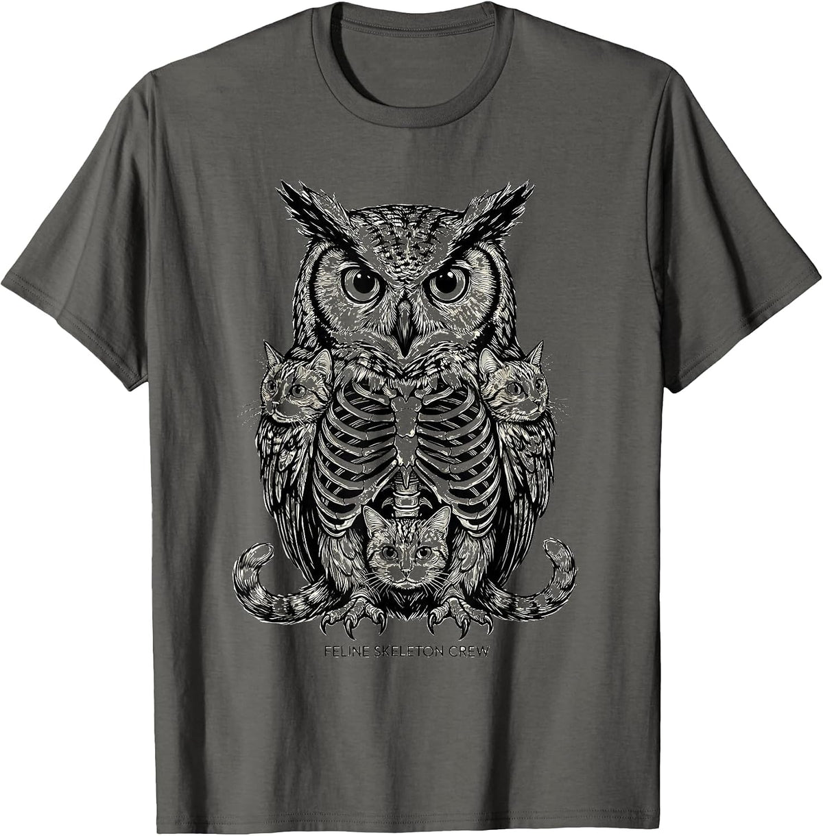 Feline Skeleton Crew Funny Halloween Cat Lover Humor T-Shirt - Asphalt Grey