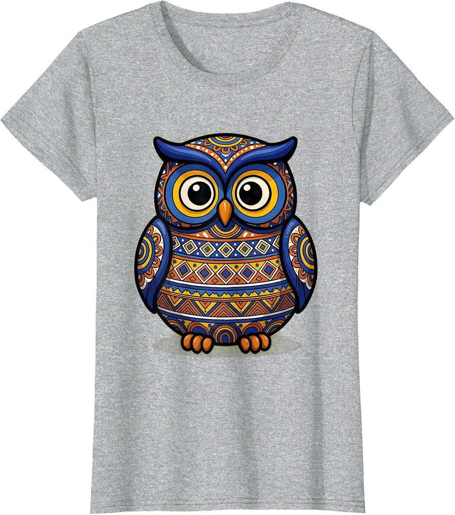 Mexican Ceramic Owl Hand Painted Folk Art Design T-Shirt - Heather Grey