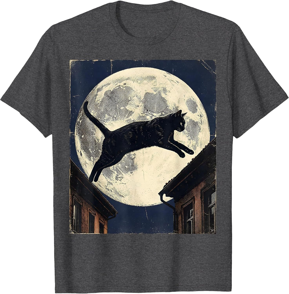 Midnight Rooftop Leap Cat Illustration T-Shirt - Dark Heather Grey