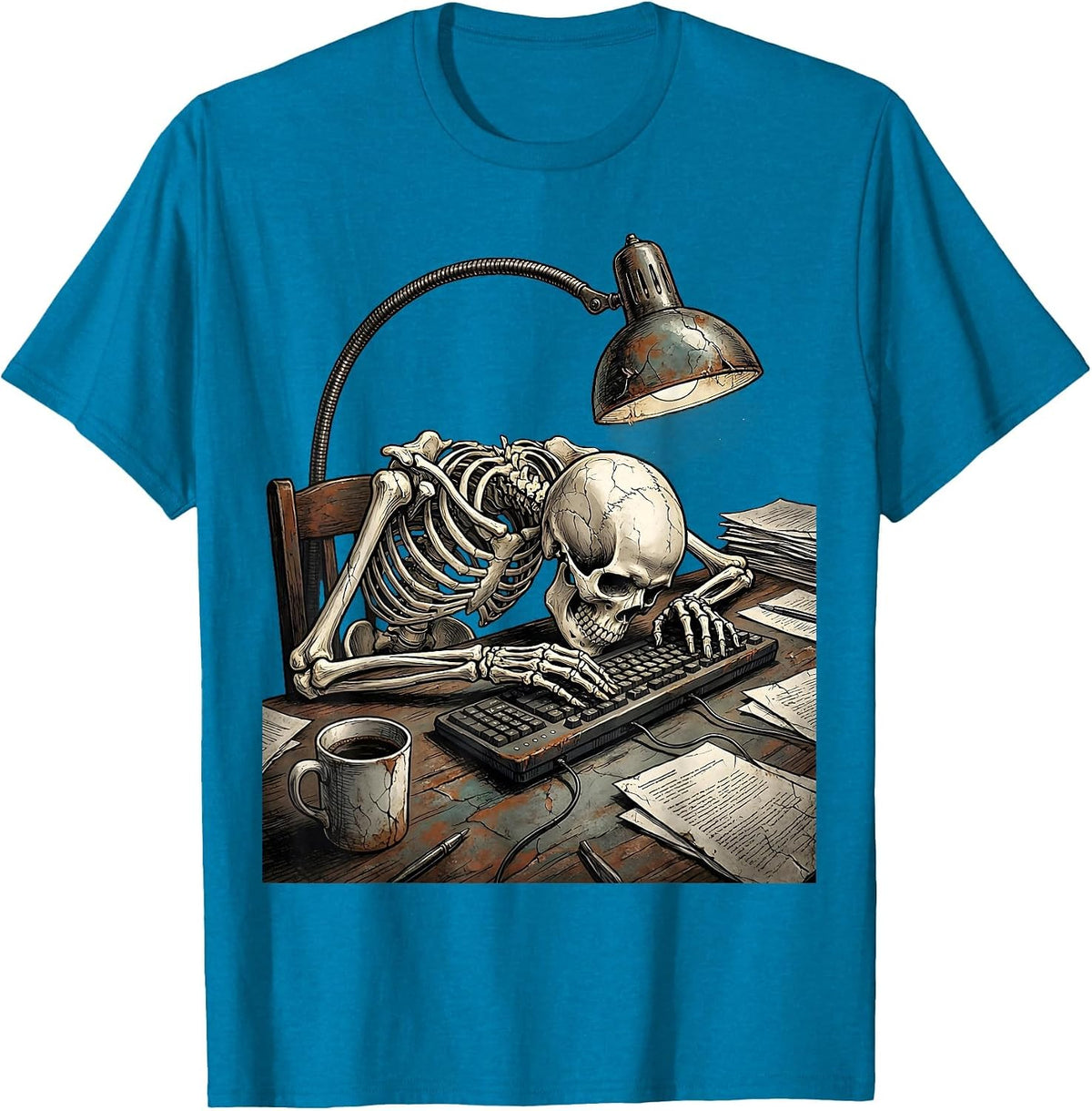 Skeleton Office Worker Slumped Over Keyboard T-Shirt - Sapphire Blue