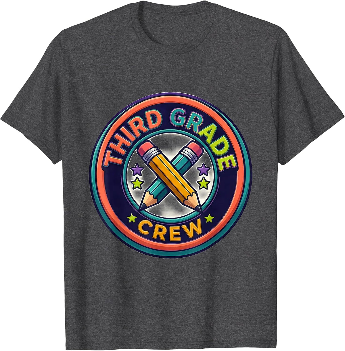 Men's Third Grade Crew Colorful Back To School Student Teacher T-Shirt - Dark Heather Grey