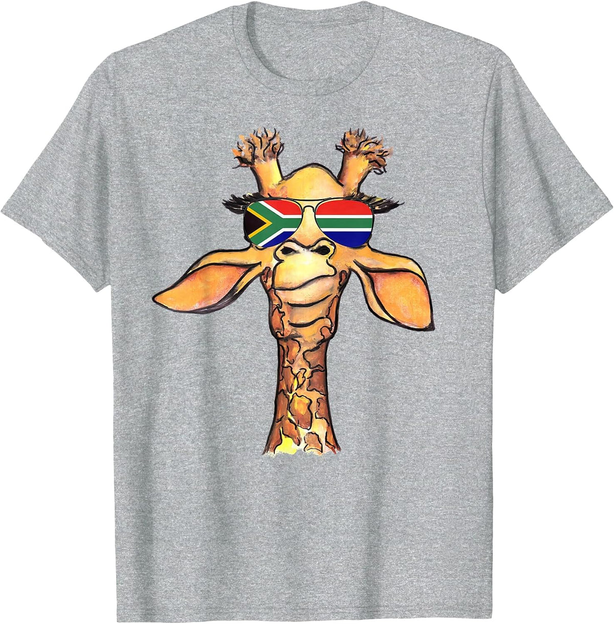 Funny Cute Giraffe with Aviator Sunglasses South Africa Flag T-Shirt - Heather Grey