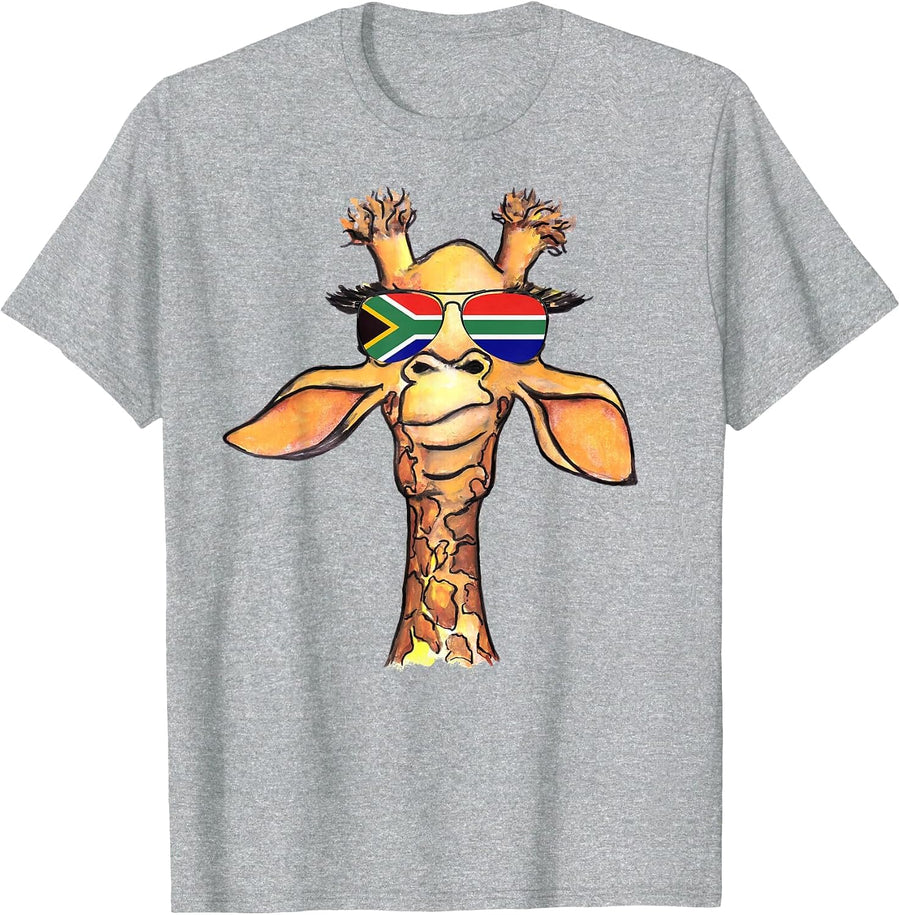 Funny Cute Giraffe with Aviator Sunglasses South Africa Flag T-Shirt - Heather Grey