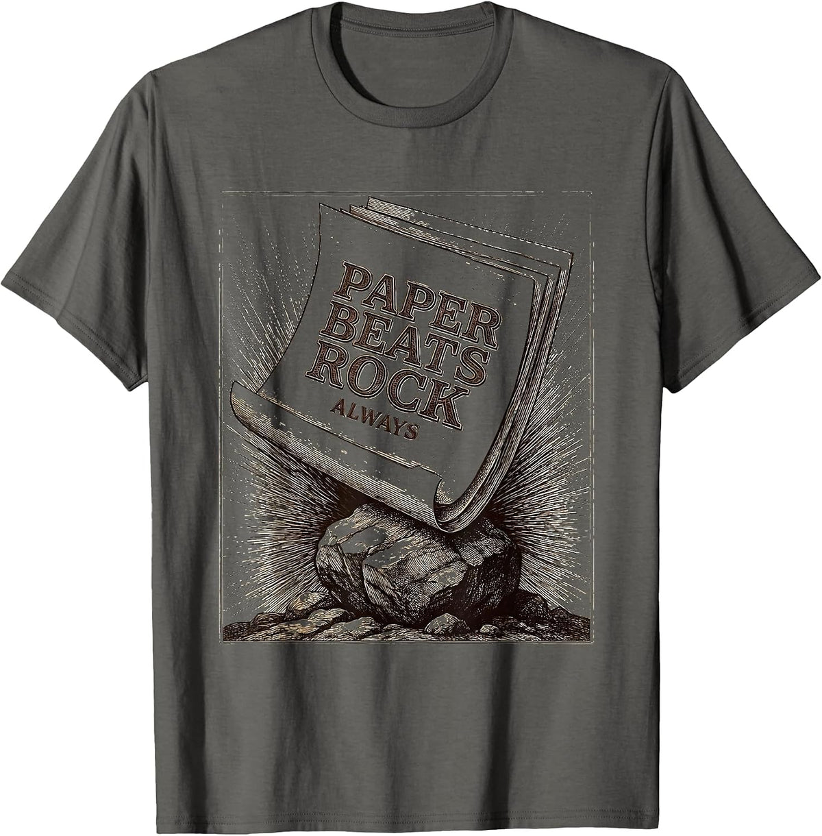 Paper Beats Rock Always Funny Graphic Design T-Shirt - Asphalt Grey