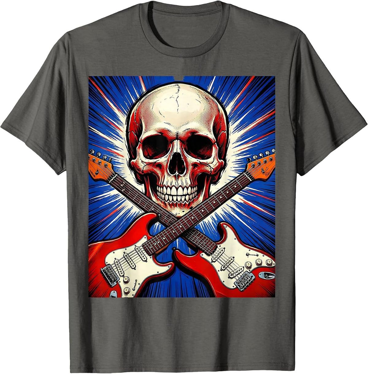 Skull Crossed Electric Guitars Rock Band Graphic T-Shirt - Asphalt Grey