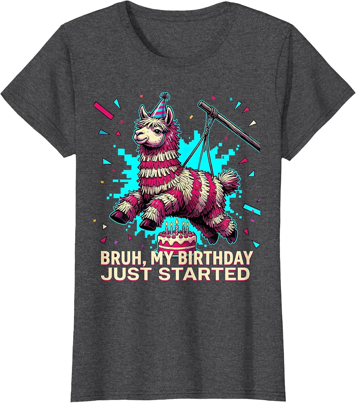 Women's Bruh My Birthday Just Started Comic Book Llama Piñata Gamer T-Shirt - Dark Heather Grey