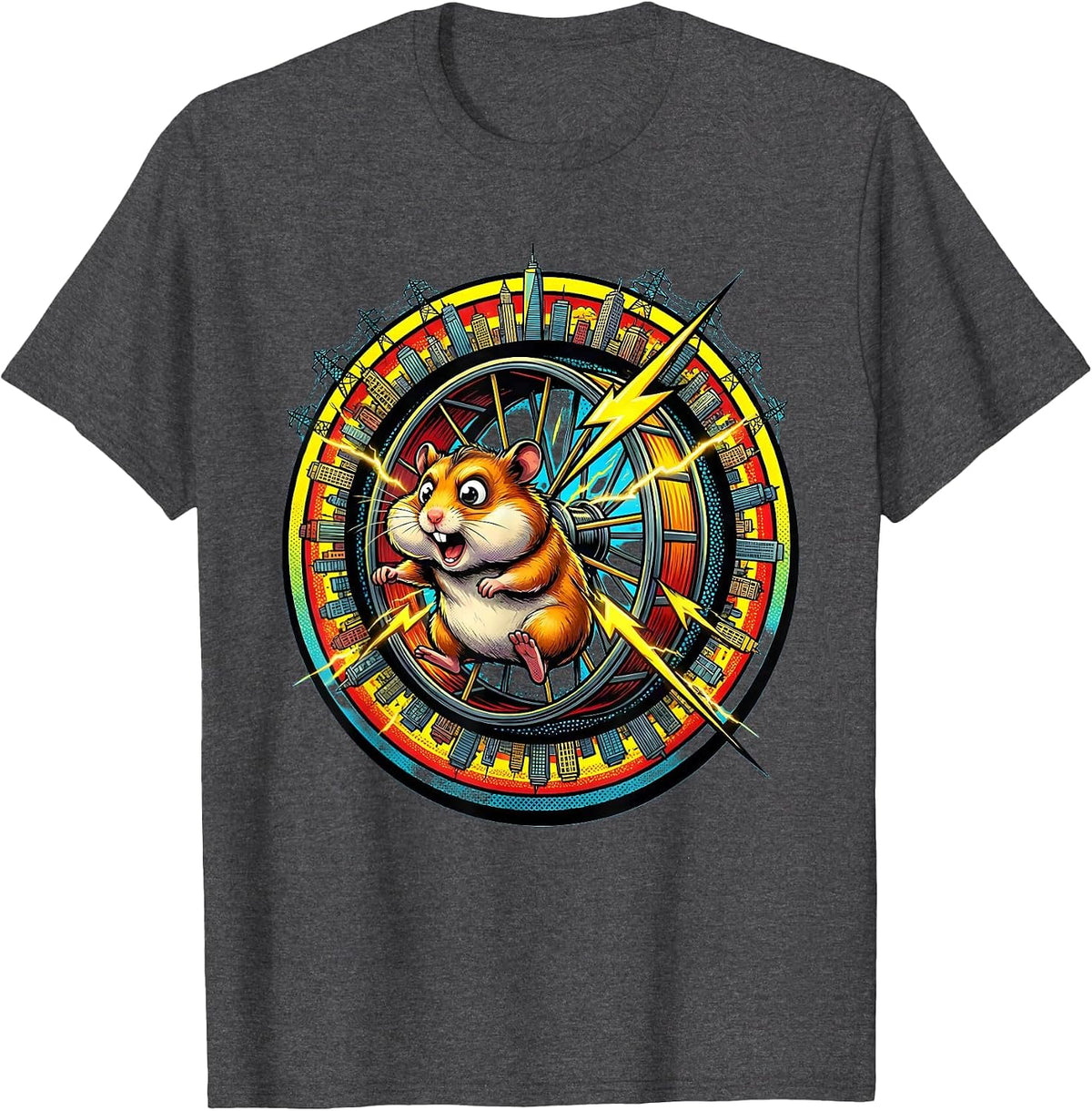 Hamster Wheel Powers Tiny City Funny Graphic T-Shirt - Dark Heather Grey