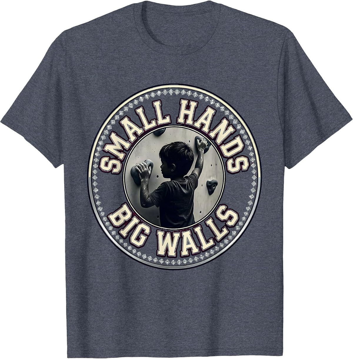 Small Hands Big Walls Rock Climbing Bouldering Humor T-Shirt - Heather Blue