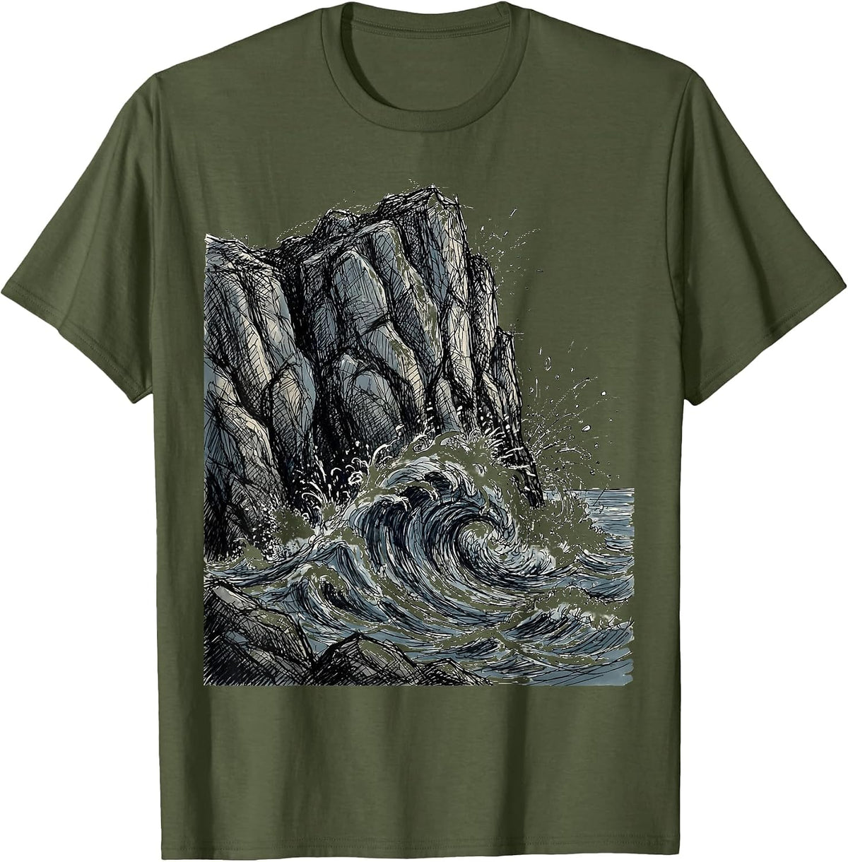 It Is What It Is Wave Crashing Rock Cliff Graphic T-Shirt - Olive Green