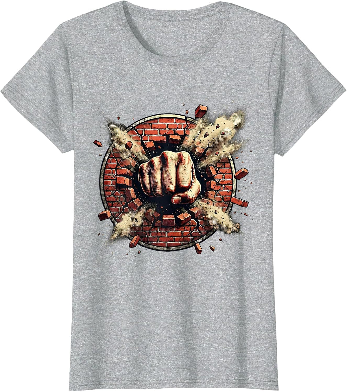 Grunge Fist Through Brick Wall Graphic Tee T-Shirt - Heather Grey