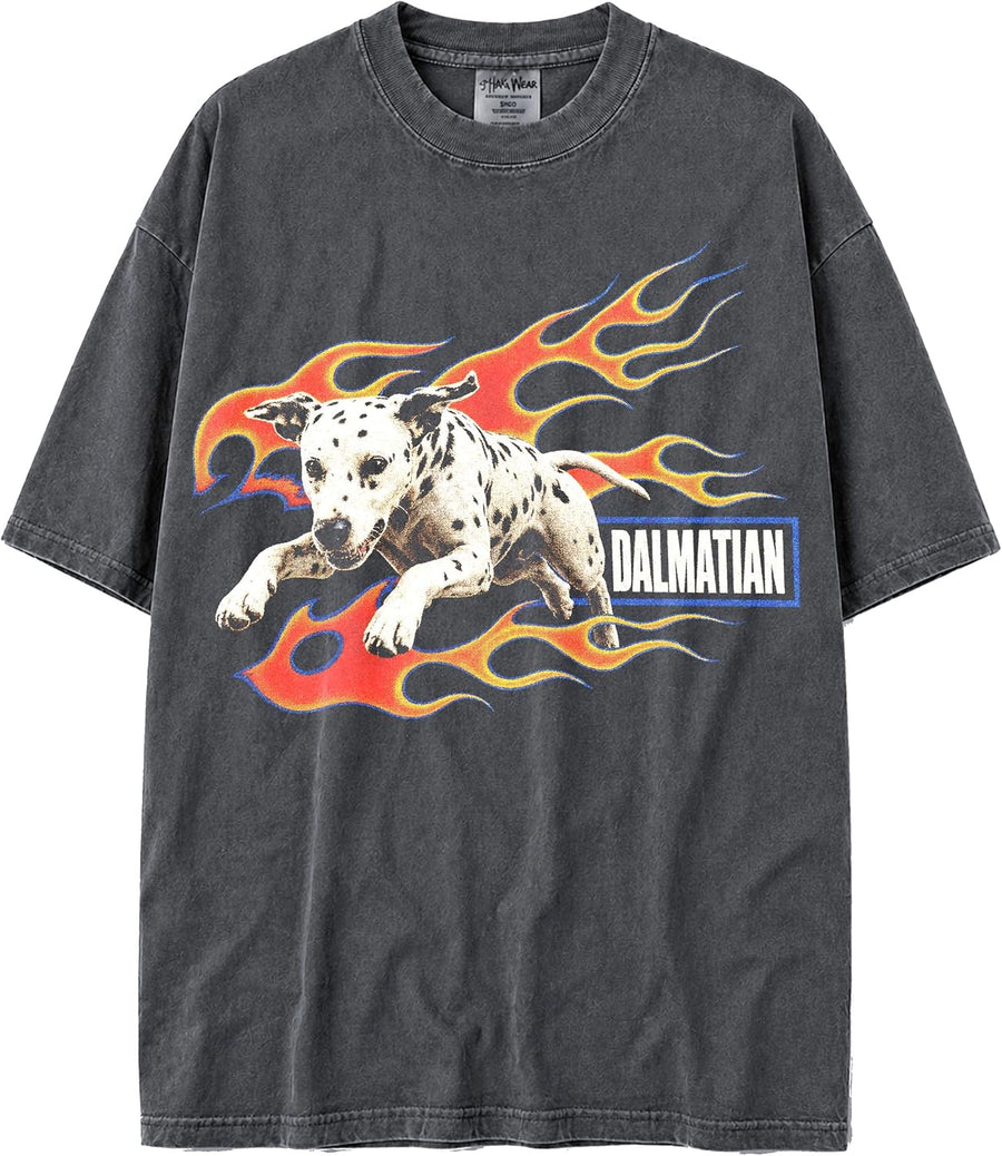 USA MAX-Heavyweight Shaka Wear Vintage Biker Flame Dogs Oversized Tshirt for Men & Women - Dalmatian