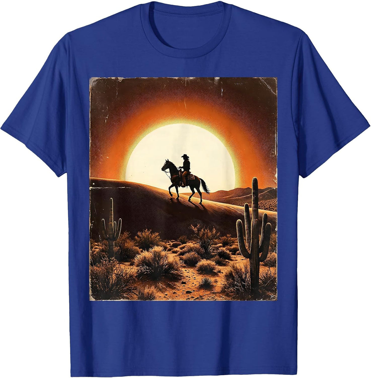 Lone Cowboy Riding at Dusk Texas Desert Design T-Shirt - Royal Blue