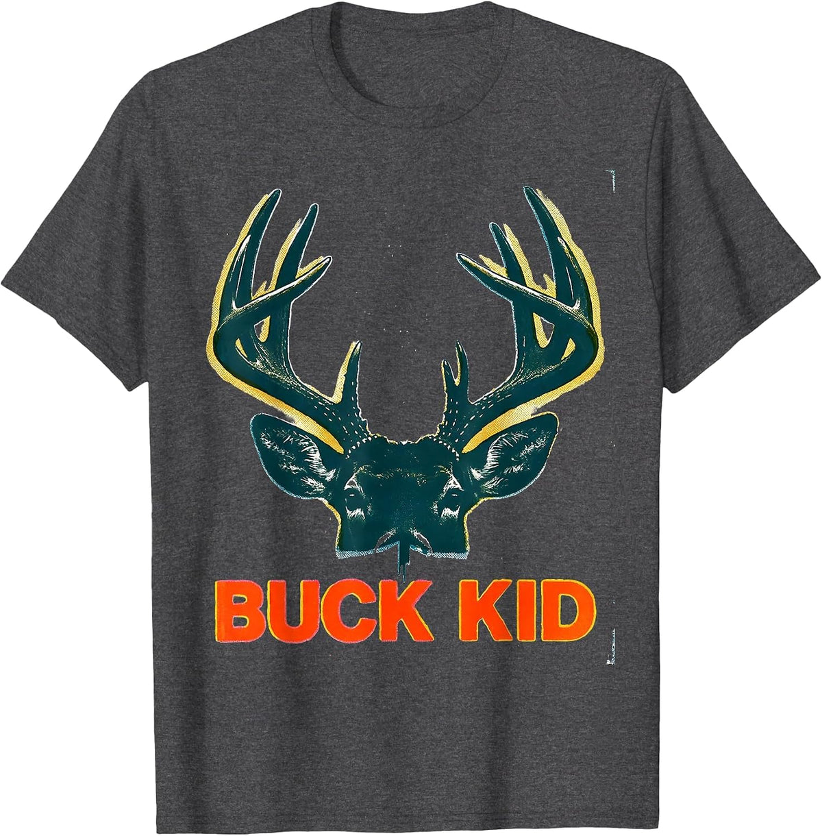Buck Kid Risograph Youth Hunting Camo Humor T-Shirt - Dark Heather Grey
