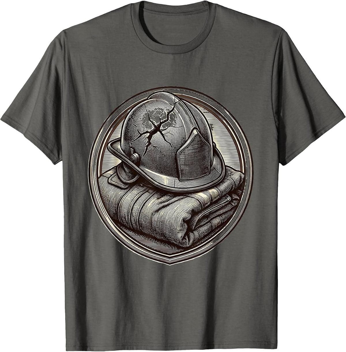 Cracked Firefighter Helmet and Folded Jacket Design T-Shirt - Asphalt Grey