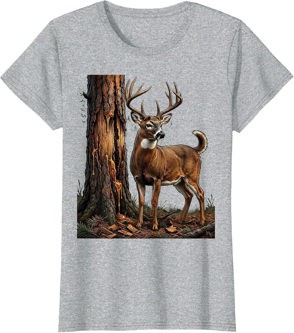 Women's Buck Rub Scarred Pine Tree Hunting Illustration T-Shirt - Heather Grey