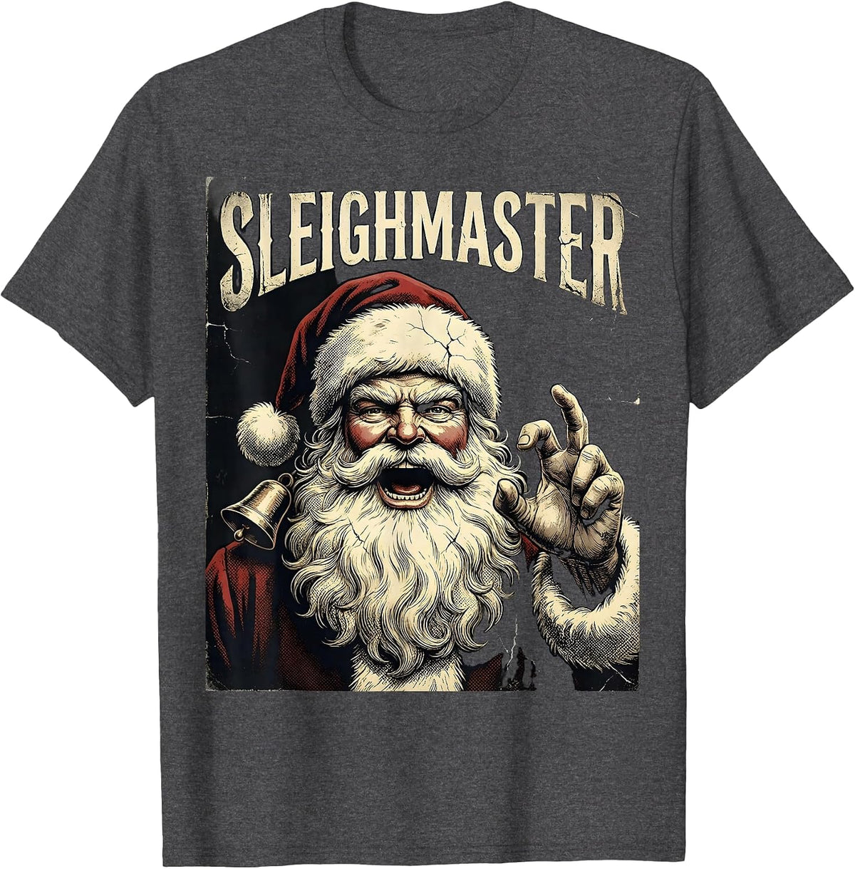 Sleighmaster Distressed Heavy Metal Rock Santa Christmas T-Shirt - Dark Heather Grey