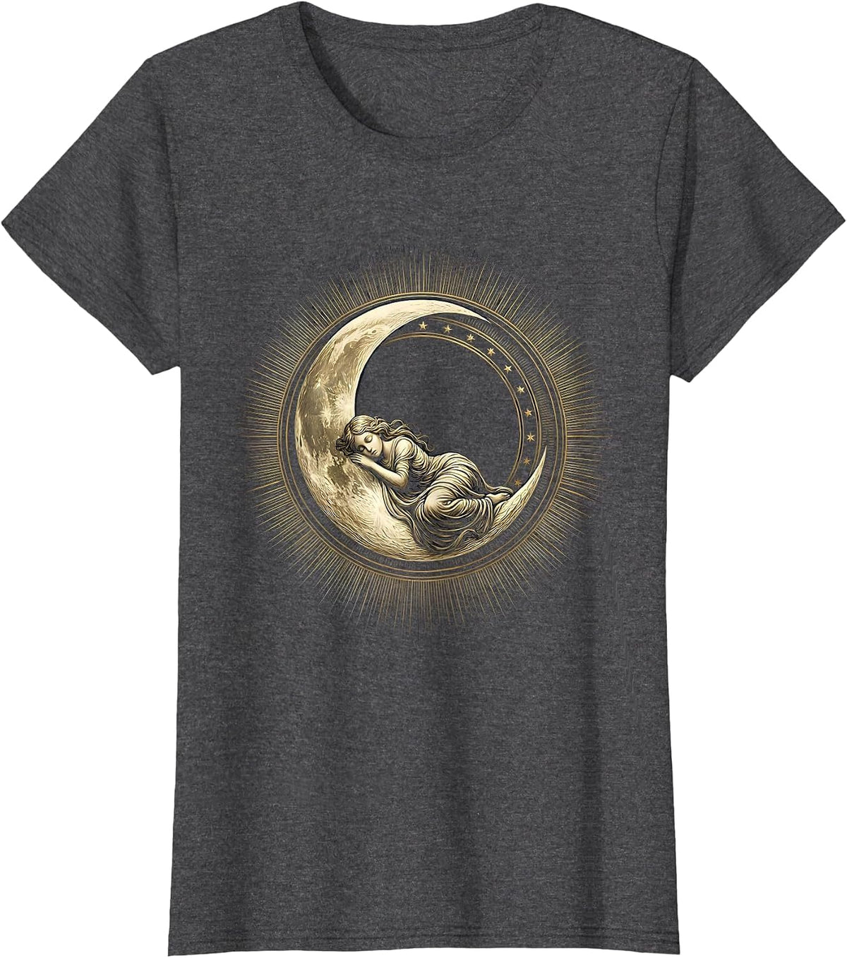 Women's Crescent Moon Sleeping Woman Celestial Art T-Shirt - Dark Heather Grey
