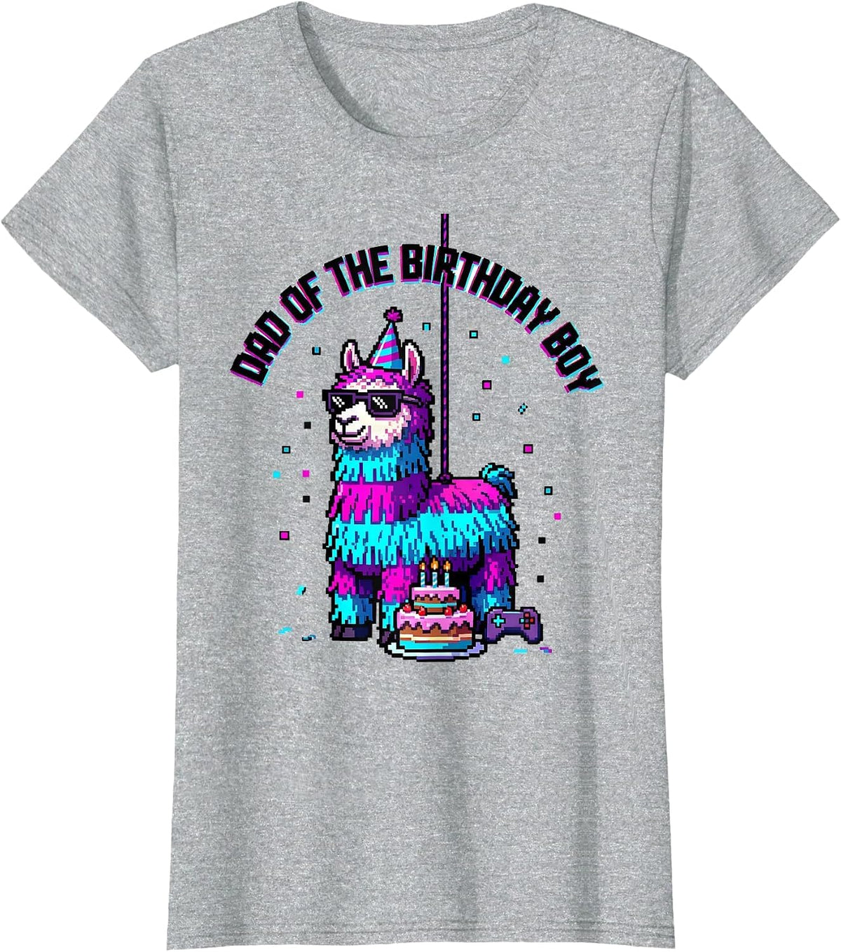 Women's Dad Of The Birthday Boy Pixel Art Llama Piñata Gamer Party T-Shirt - Heather Grey