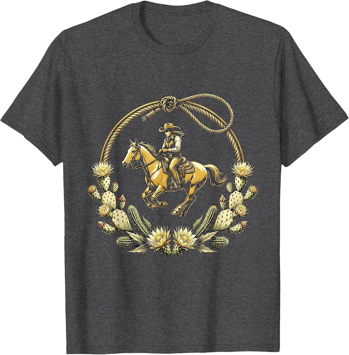 Cowgirl Riding Horse Through Desert Wildflowers T-Shirt - Dark Heather Grey