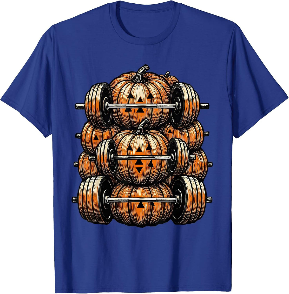 Men's Pumpkin Weightlifting Linocut Halloween Gym Workout T-Shirt - Royal Blue
