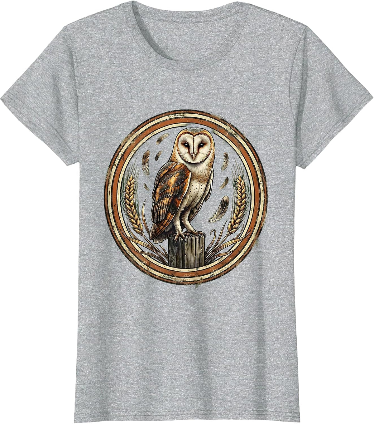 Barn Owl Perched on Fence Post Illustration T-Shirt - Heather Grey