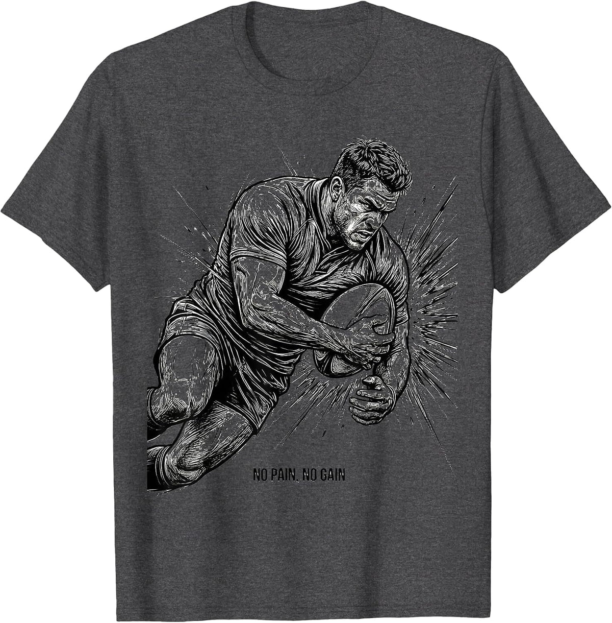 No Pain No Gain Rugby Graphic Design T-Shirt - Dark Heather Grey