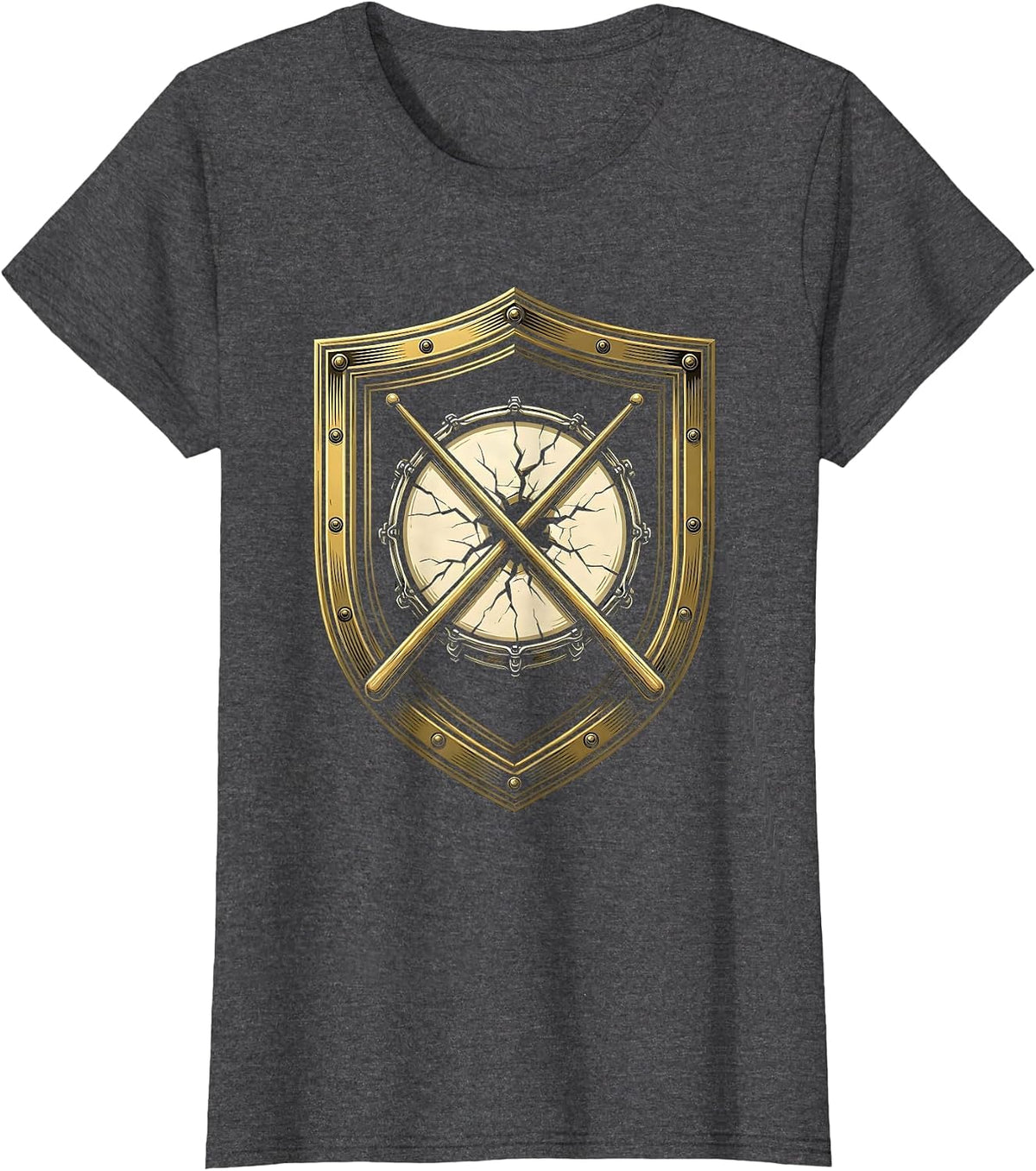 Women's Crossed Drumsticks Cracked Drum Rock Music Graphic T-Shirt - Dark Heather Grey