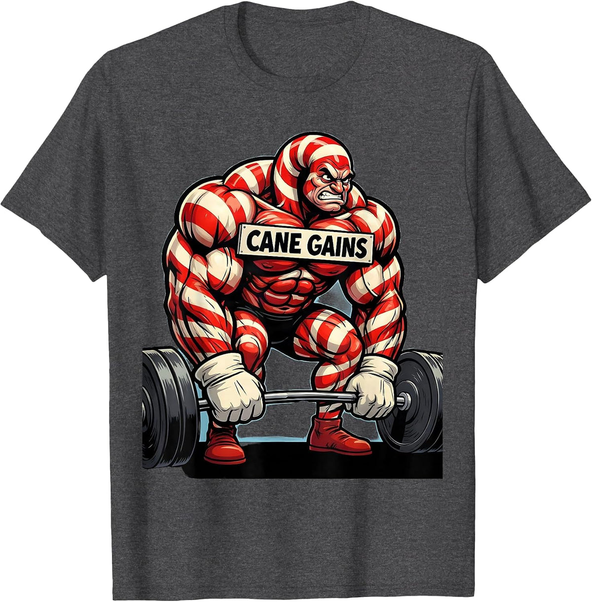 Cane Gains Funny Christmas Gym Bodybuilding Weightlifting T-Shirt - Dark Heather Grey