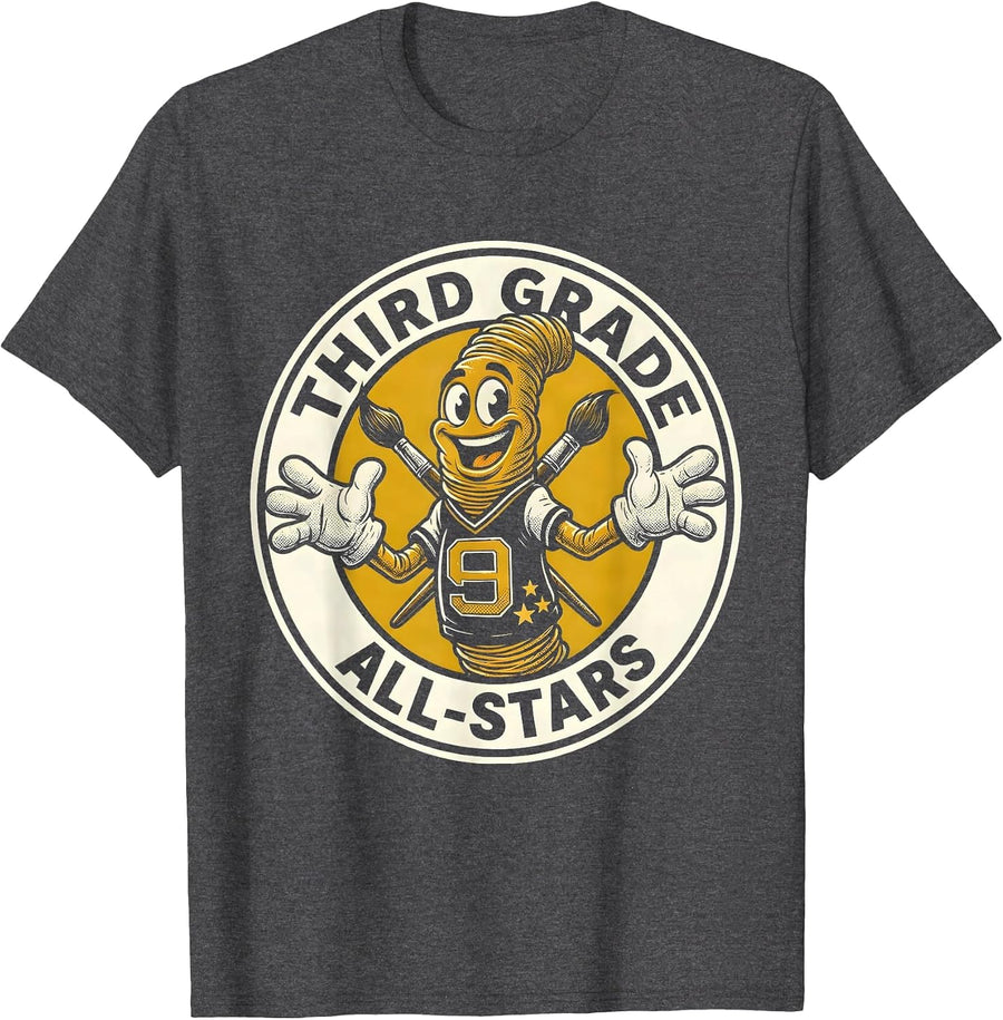Men's Third Grade All-Stars Retro Cartoon Teacher Back To School T-Shirt - Dark Heather Grey