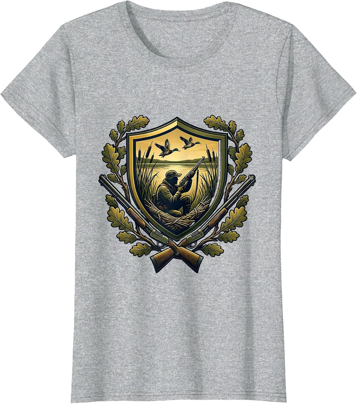 Camo Duck Blind Hunter Silhouette at Dawn T-Shirt - Heather Grey