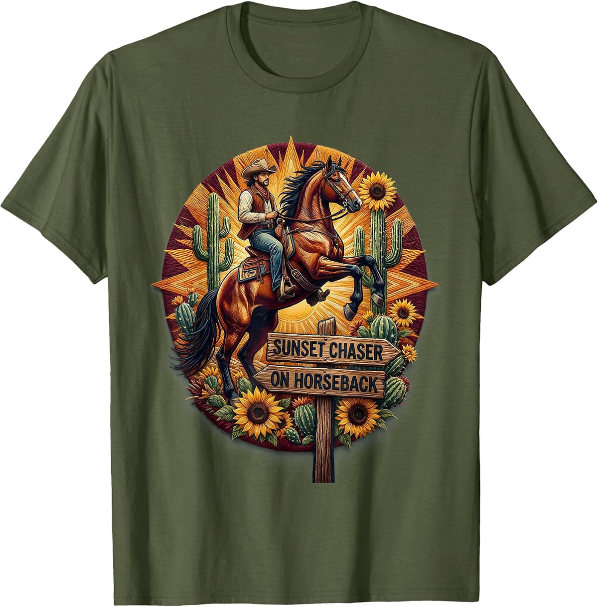 Sunset Chaser On Horseback Cowboy Design T-Shirt - Olive Green