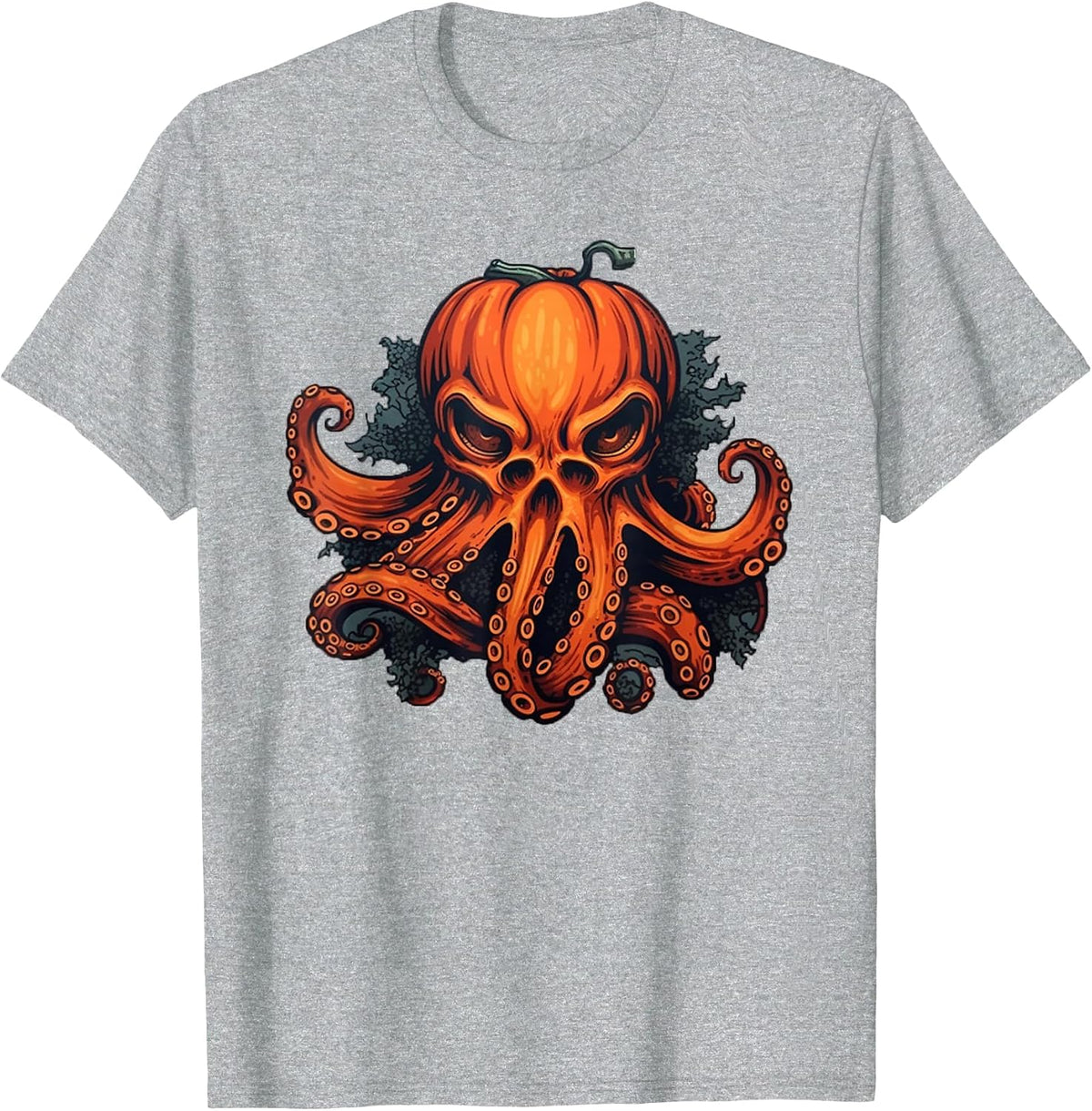 Octoween Spooky Octopus Skull Witch Pumpkin Funny Halloween T-Shirt - Heather Grey