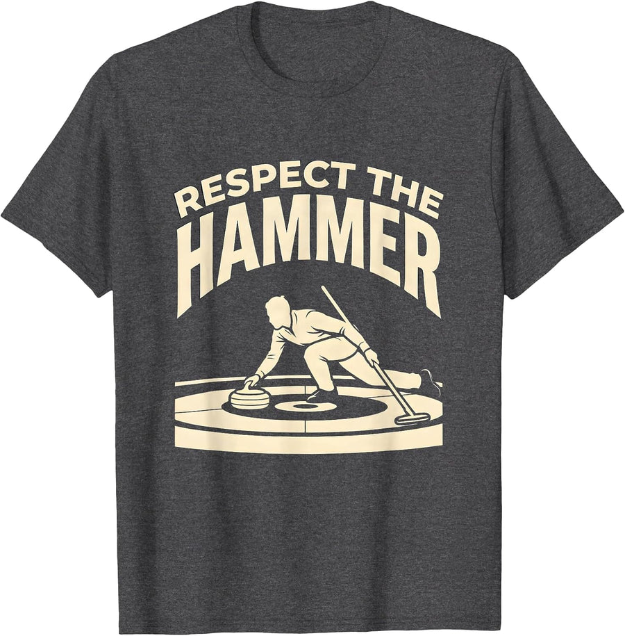 Men's Respect The Hammer Curling Stone Player Vintage Retro Humor T-Shirt - Dark Heather Grey