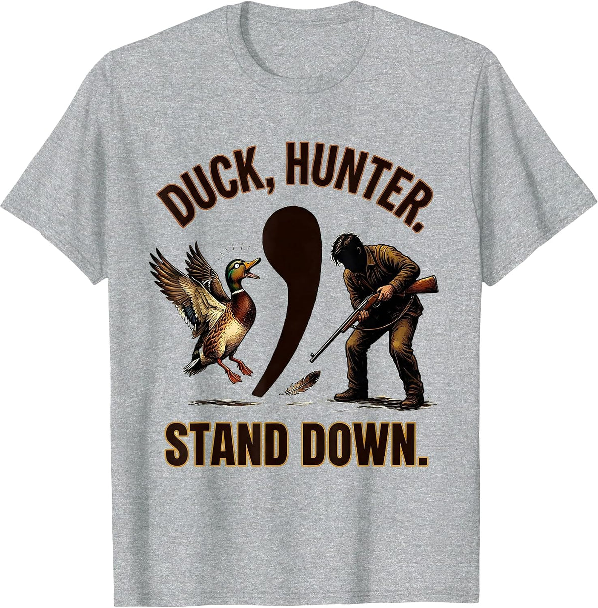 Men's Duck, Hunter. Stand Down Funny Grammar Teacher Punctuation T-Shirt - Heather Grey
