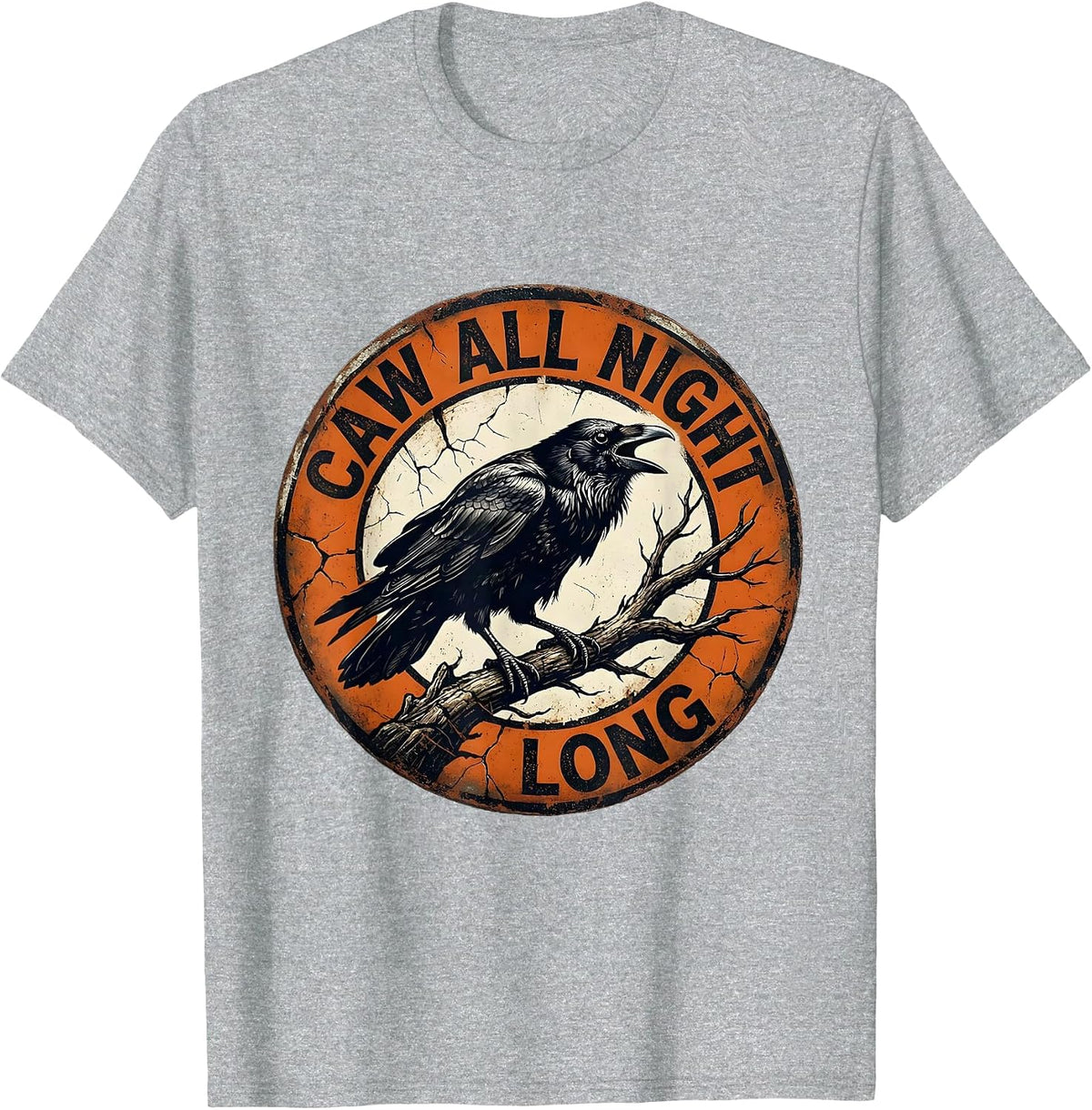 Men's CAW All Night Long Crow Night Owl Design T-Shirt - Heather Grey
