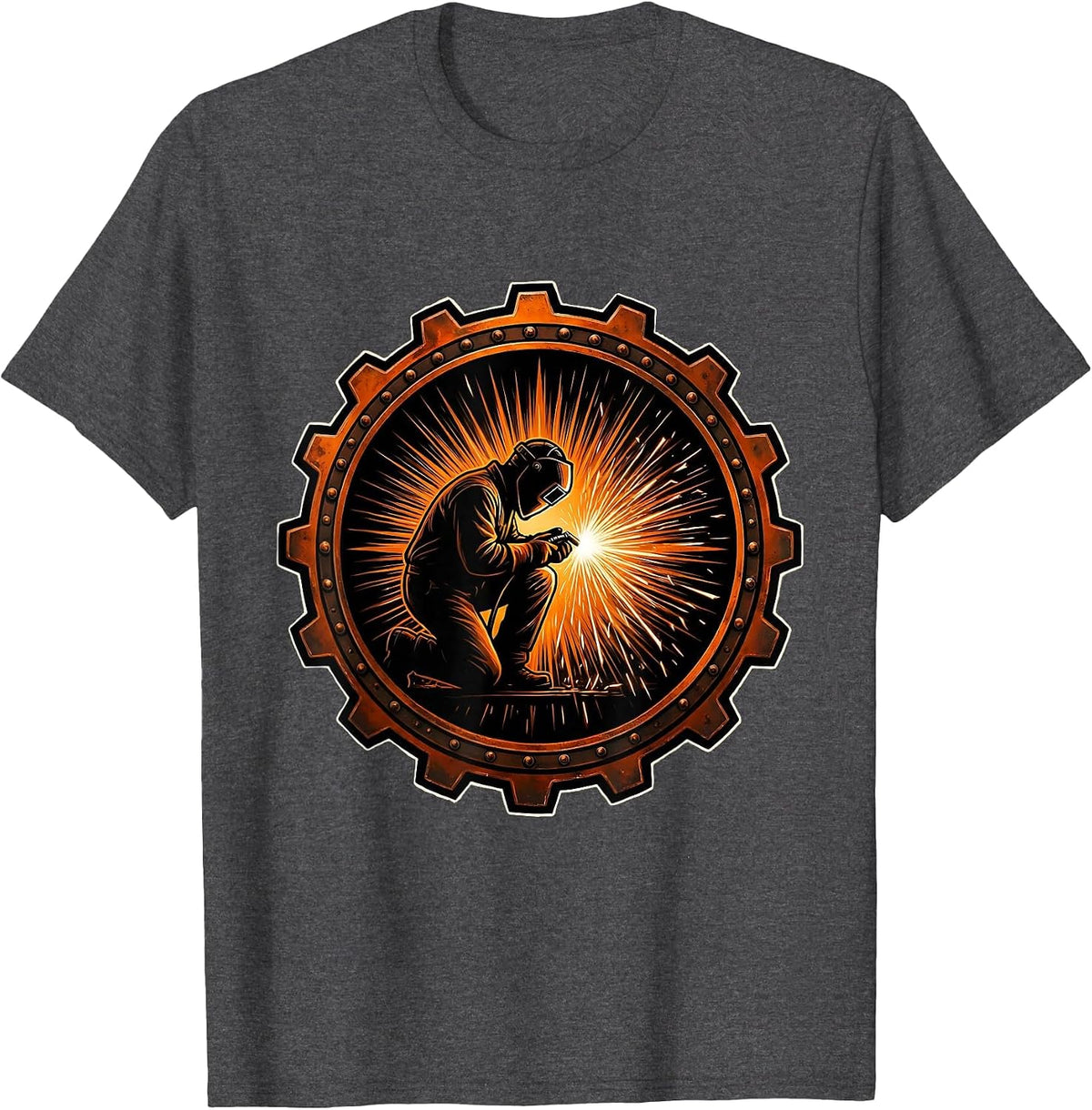 Welder Silhouette Giant Orange Spark Burst T-Shirt - Dark Heather Grey