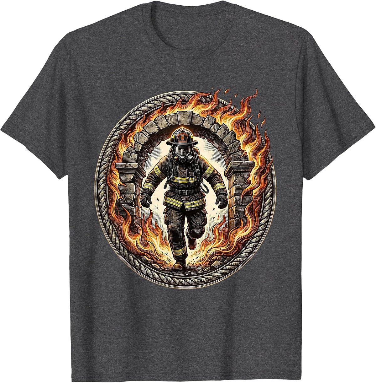 Firefighter Emerging From Flames Graphic T-Shirt - Dark Heather Grey
