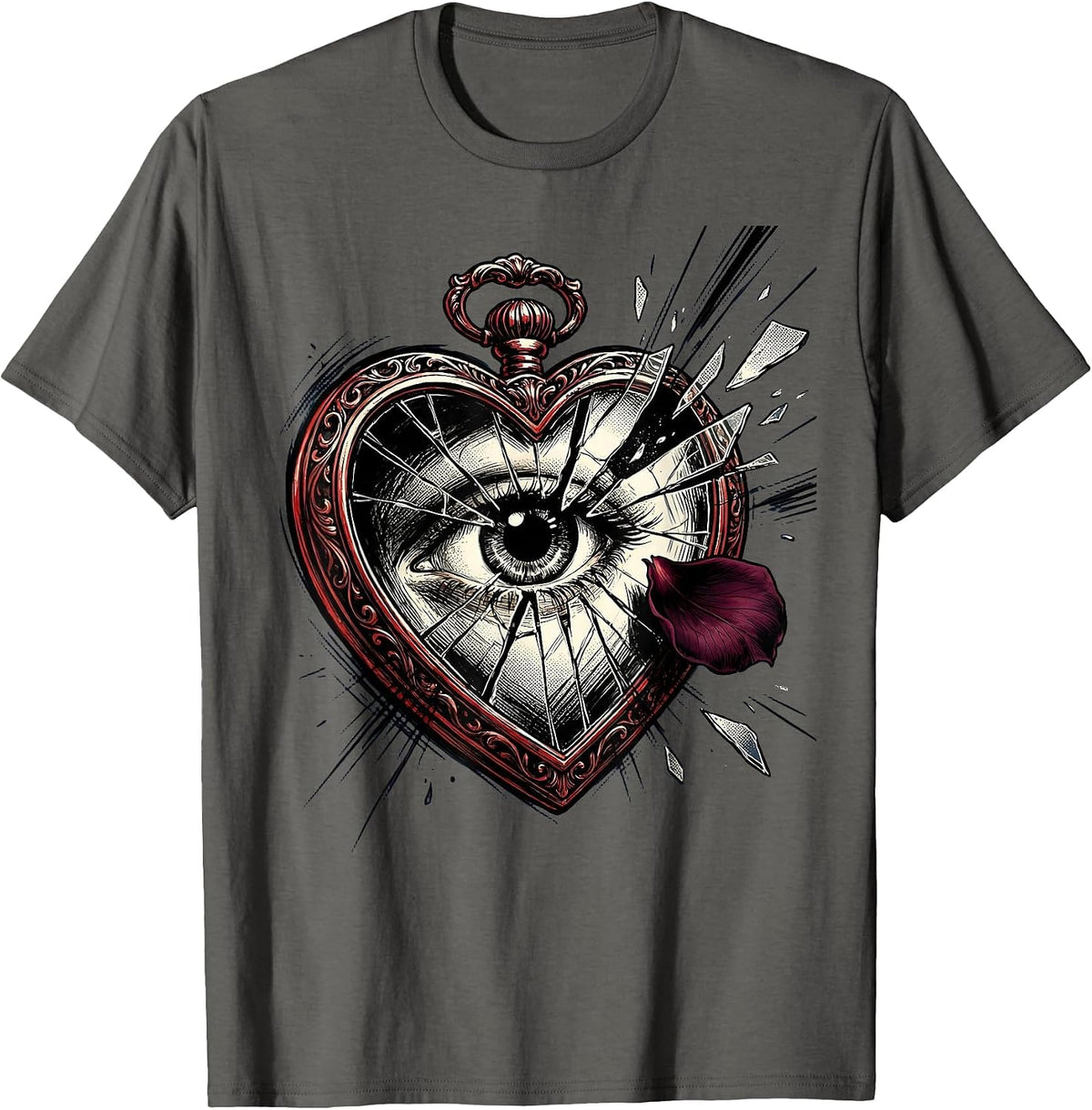 Emo Cracked Locket Mirror Gothic Design T-Shirt - Asphalt Grey